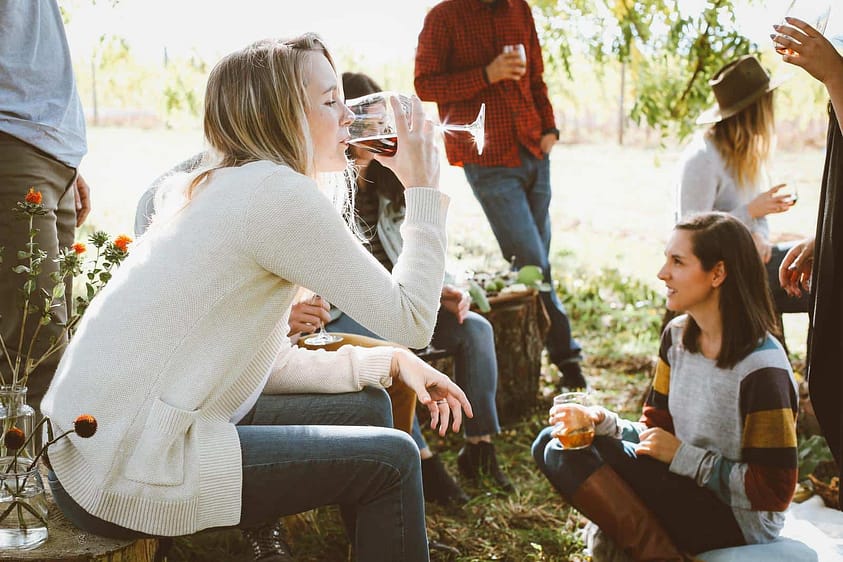 A group of women consume wine during an outdoor picinic.