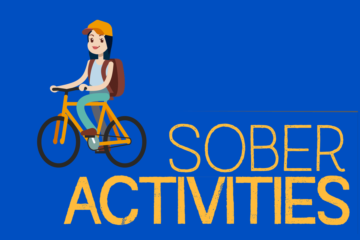 illustration of girl riding a bike with text sober activities