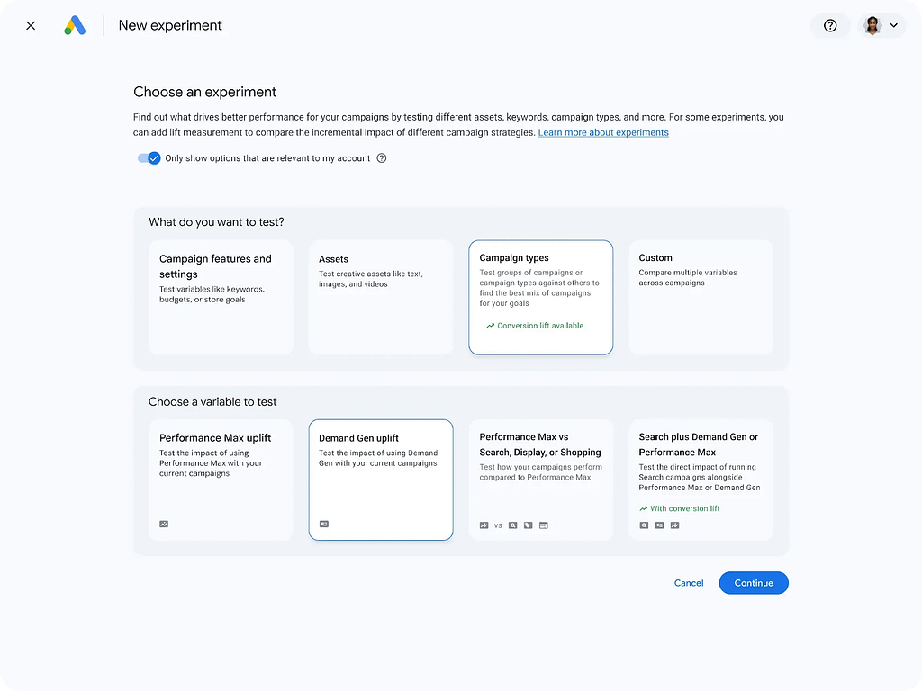 Screen shot of Google Demand Gen uplift experiment