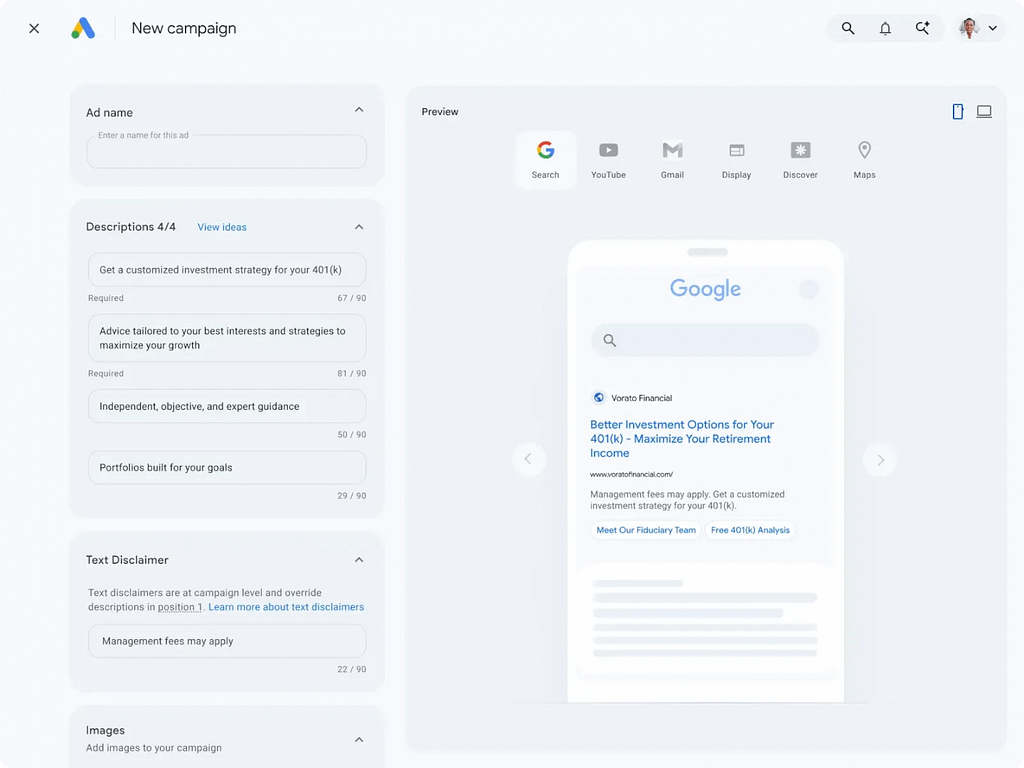 Screen shot of Google ads showing text disclaimer section