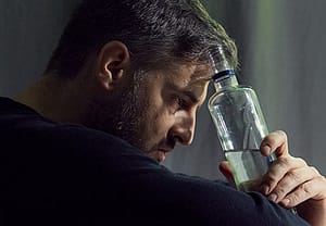 Depressed man holding bottle to head looking for alcoholism treatment program