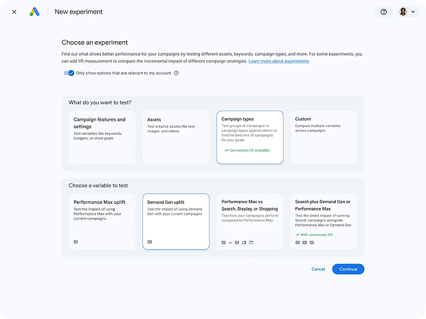 Screen shot of Google Demand Gen uplift experiment