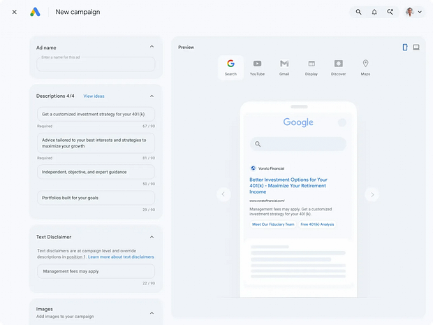 Screen shot of Google ads showing text disclaimer section