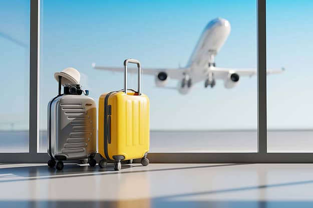 luggage at the airport as a plane takes off for someone traveling for treatment