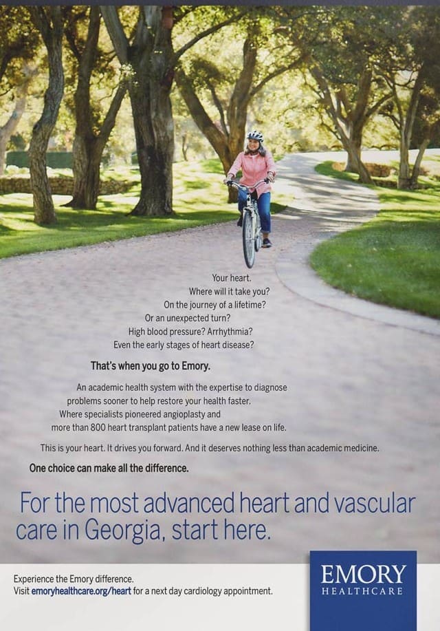 Woman riding a bicycle down a tree-lined path with encouraging text about heart and vascular care in Georgia