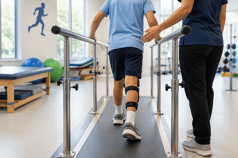 Child walking between therapy bars with therapist nearby in orthopedic rehab center