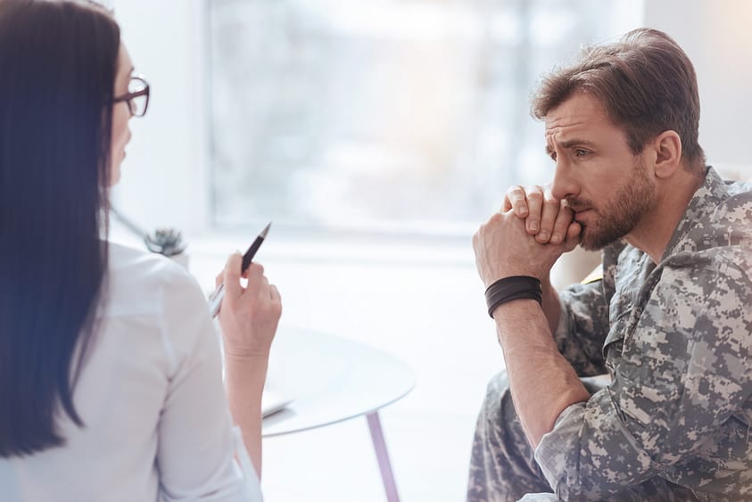 Trauma and addiction are addressed as a soldier consults with his therapist.
