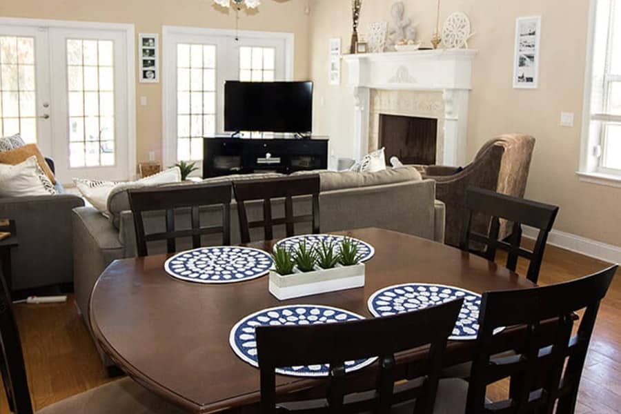 Beach themed living and dining room in a drug rehab home